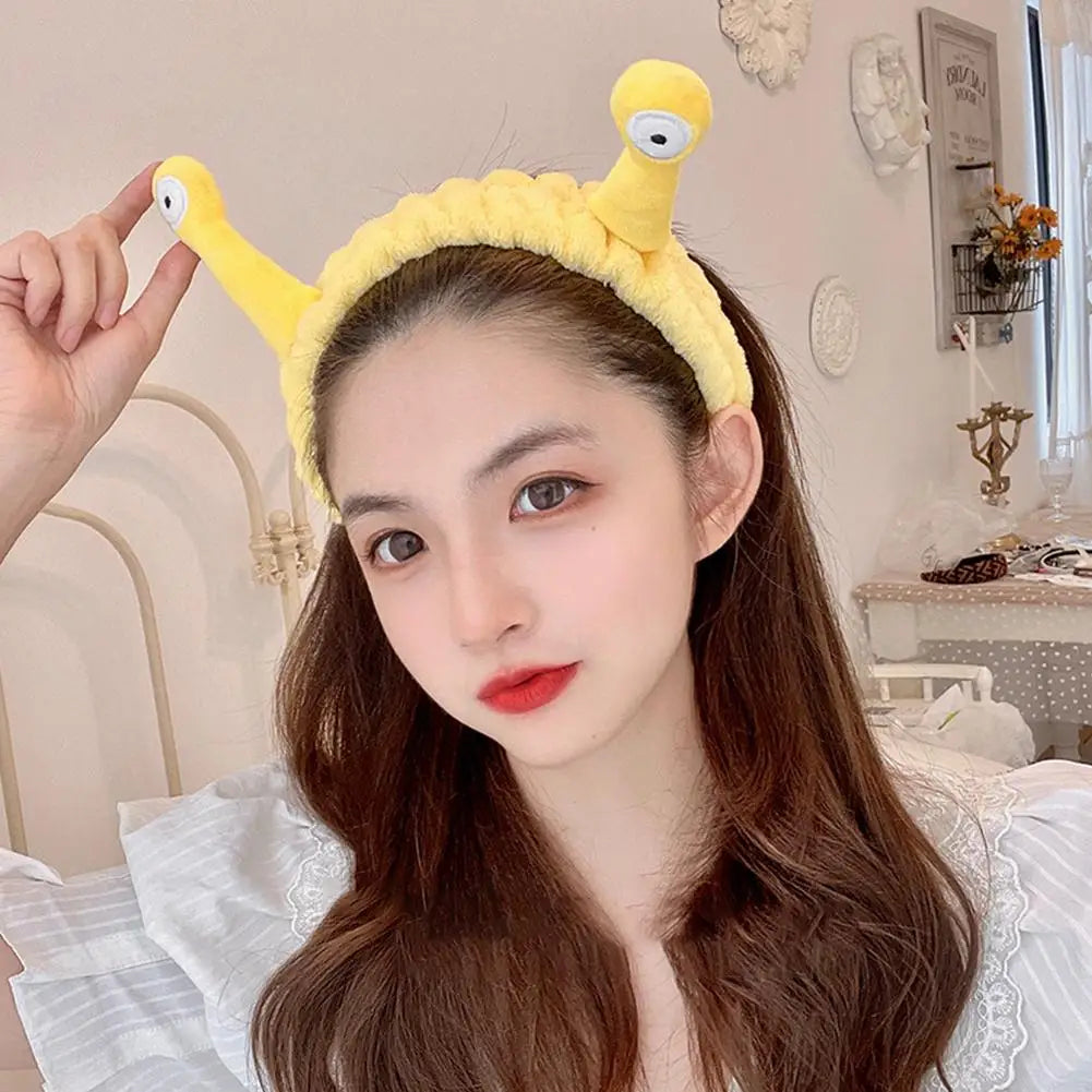 Cartoon Big Eye Snail Headband for Washing Face Cute Elastic Snail Makeup Hair Band Soft Coral Fleece Hairbands for Women Girls