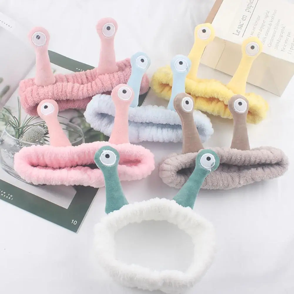 Cartoon Big Eye Snail Headband for Washing Face Cute Elastic Snail Makeup Hair Band Soft Coral Fleece Hairbands for Women Girls